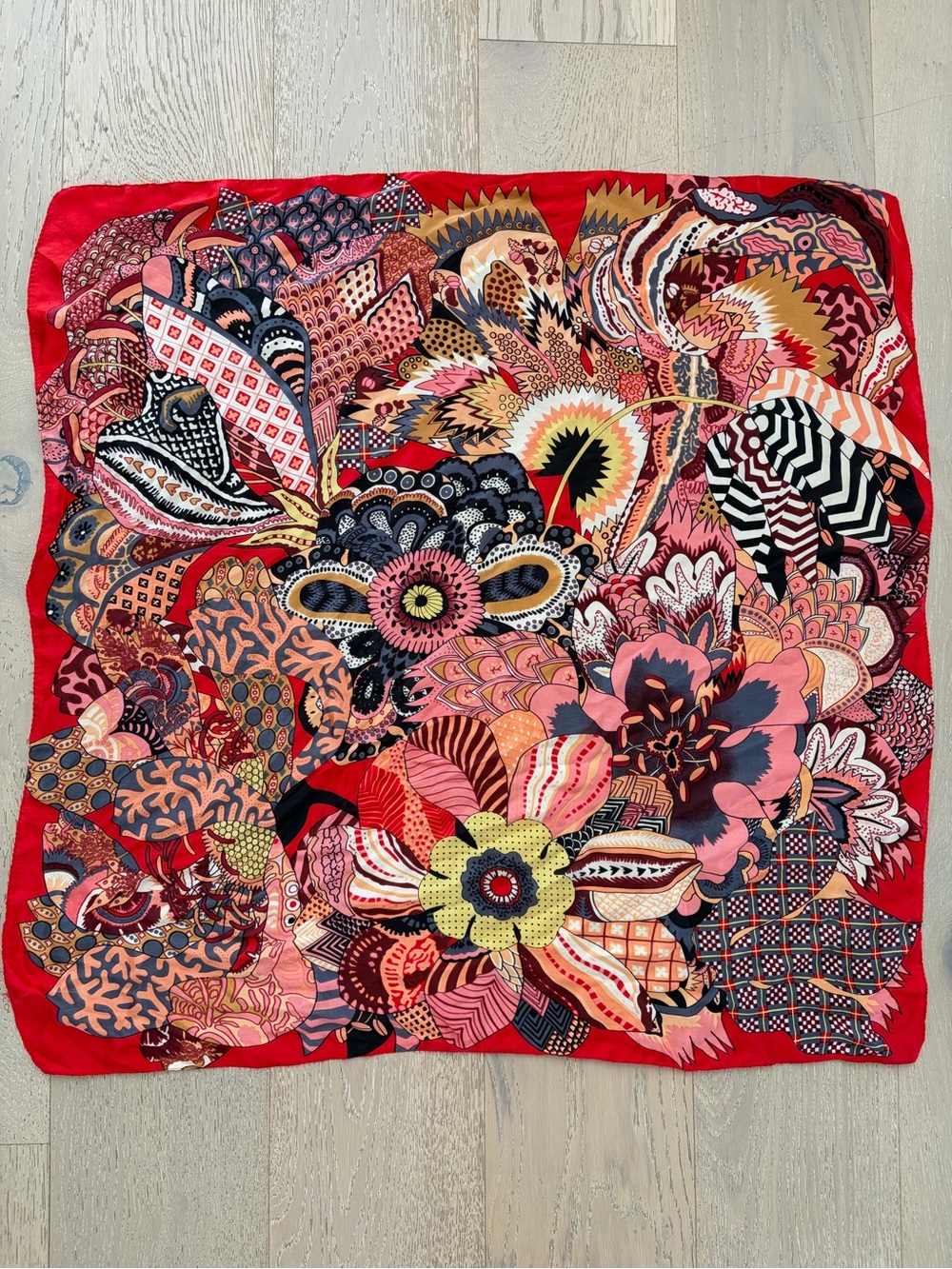 Unique Rare 100% Silk Floral Print Square Scarf - Red Pink Multi